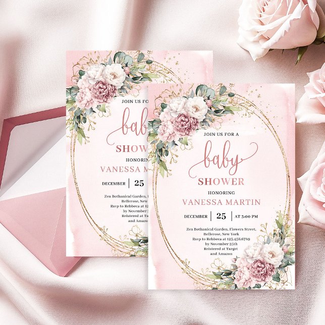 Convites Soft Dusty Pink Flowers Eucalyptus Baby Shower Gir (Soft Dusty Pink Flowers Eucalyptus Baby Shower Girl)