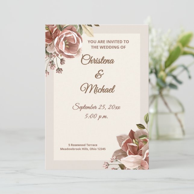 Convites Soft Dusty Rose Floral Wedding Invitation (Em pé/Frente)