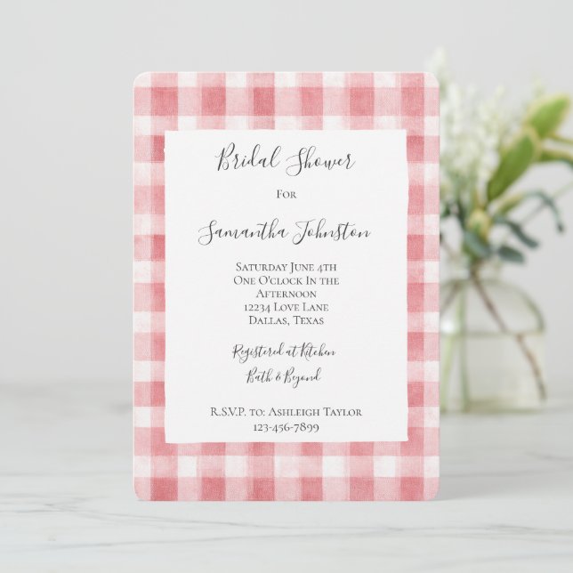 Convites Soft Girly Pink White Plaid Stripes Bridal Shower (Em pé/Frente)