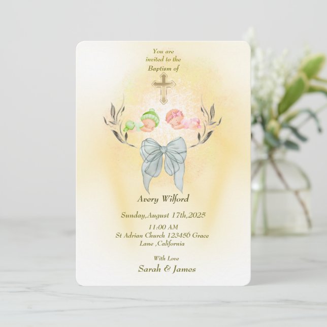 Convites  Soft gold cross Baptism invitation  (Em pé/Frente)
