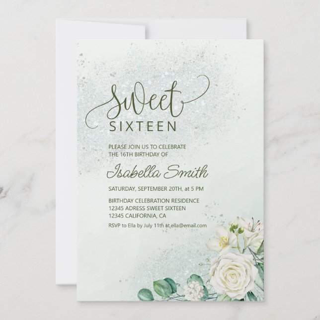 Convites Soft Green & Blush Sweet 16 Invitation White Roses (Frente)