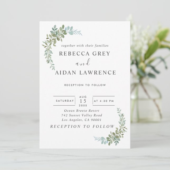 Convites Soft Green Eucalyptus Watercolor Rustic Wedding (Em pé/Frente)