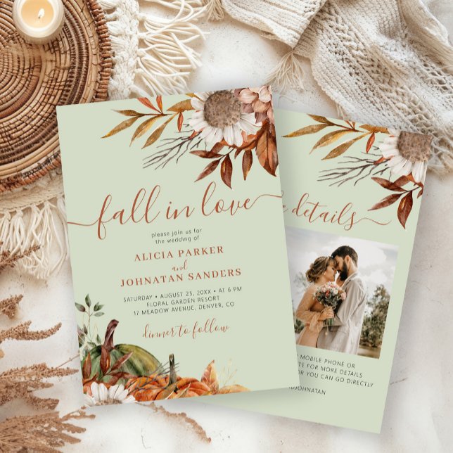 Convites Soft green rust leaves boho floral fall wedding (Criador carregado)