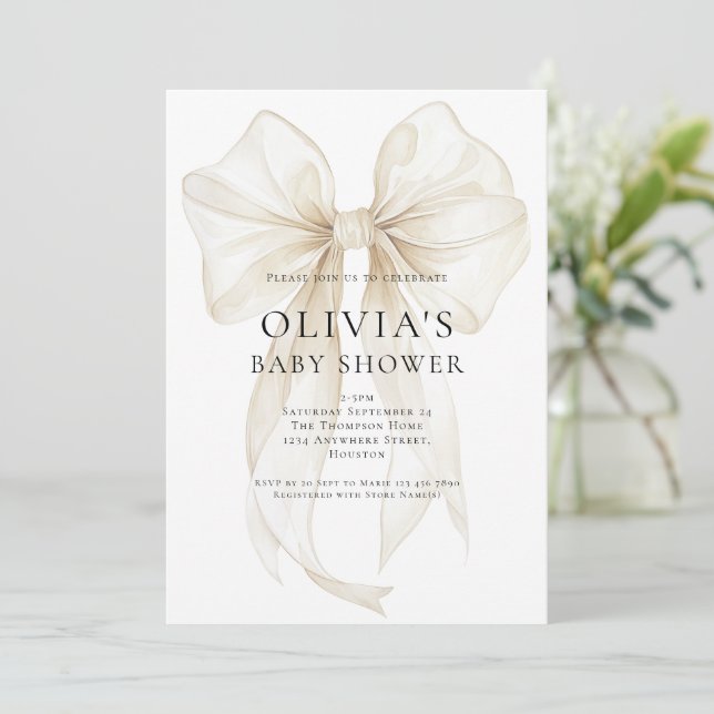 Convites Soft Ivory Bow Text Overlay Baby Shower (Em pé/Frente)