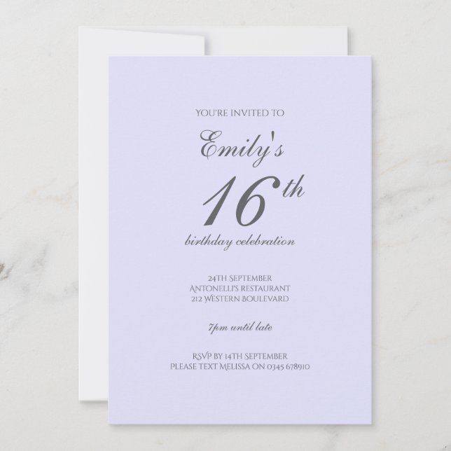 Convites Soft Lavender Minimalist 16th Birthday Invitation (Frente)