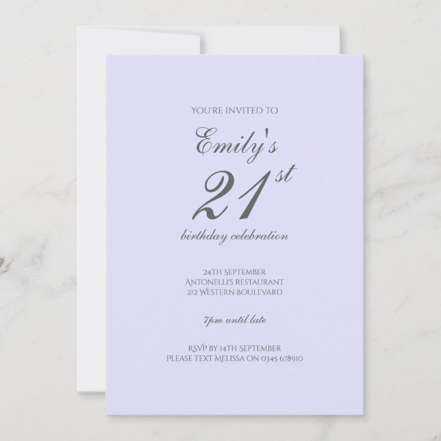 Convites Soft Lavender Minimalist 21st Birthday Invitation (Frente)