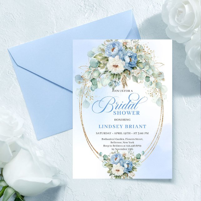 Convites Soft Light Blue Peonies Gold Bridal Shower Invite (Soft Light Blue Peonies Gold Bridal Shower Invitation)