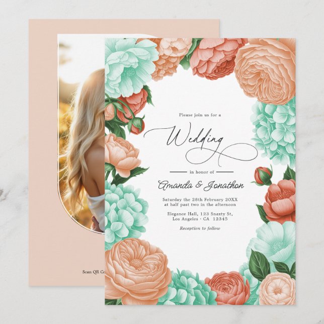Convites Soft Mint, Apricot & Warm Coral Floral Wedding (Frente/Verso)