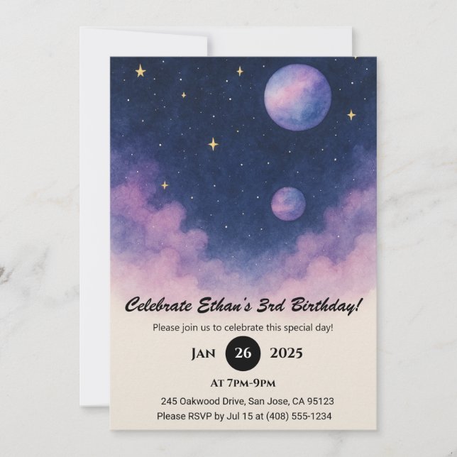 Convites Soft Night Sky with Planets and Clouds Birthday  (Frente)