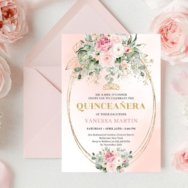 Convites Soft Pale Pink Floral Bohemian Quinceañera Invite (Soft Pale Pink Floral Bohemian Quinceañera Invitation)