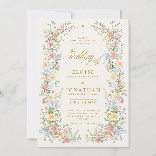 Convites Soft Pastel Ornate Spring Garden Floral Wedding    (Frente)