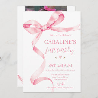 Convites Soft Pastel Pink Bow 1st Birthday 
