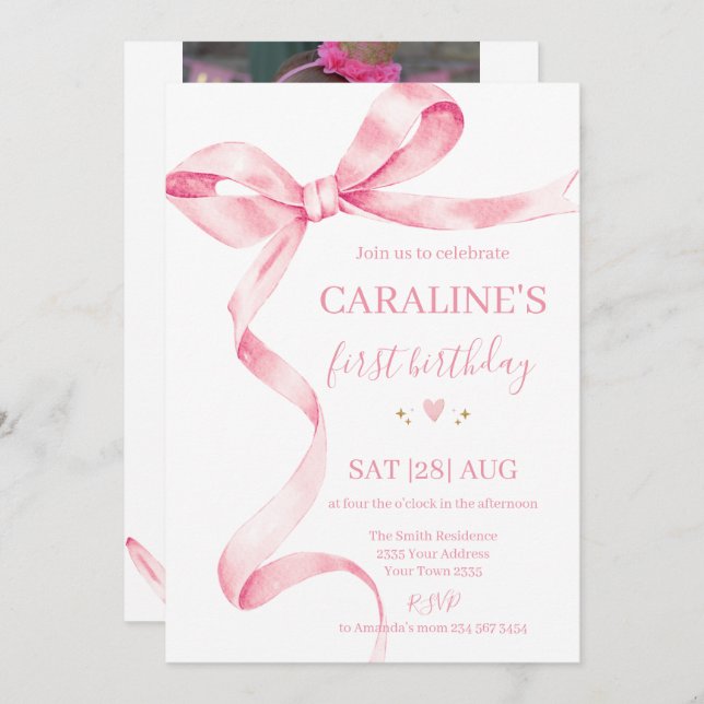 Convites Soft Pastel Pink Bow 1st Birthday  (Frente/Verso)