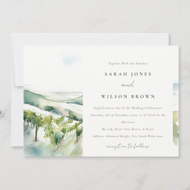 Convites Soft Pastel Watercolor Vineyard Landscape Wedding (Frente)