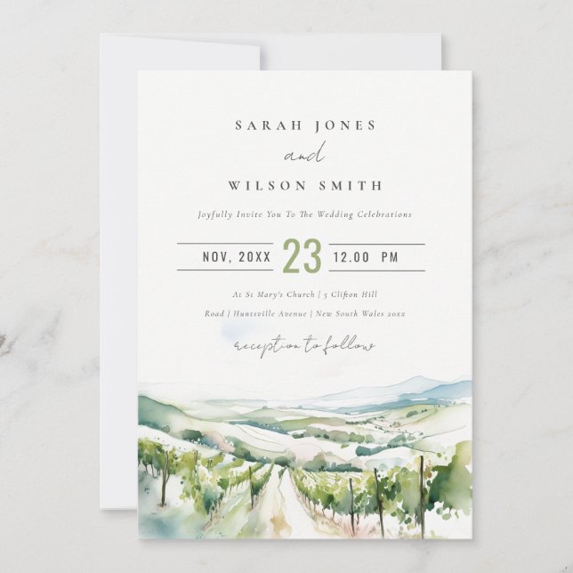 Convites Soft Pastel Watercolor Vineyard Landscape Wedding (Frente)