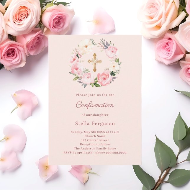 Convites Soft pink blush florals cross Confirmation (Criador carregado)
