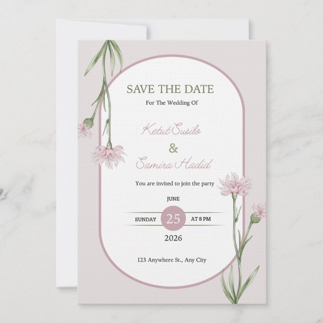 Convites Soft Pink Botanical Wedding Invitation (Frente)