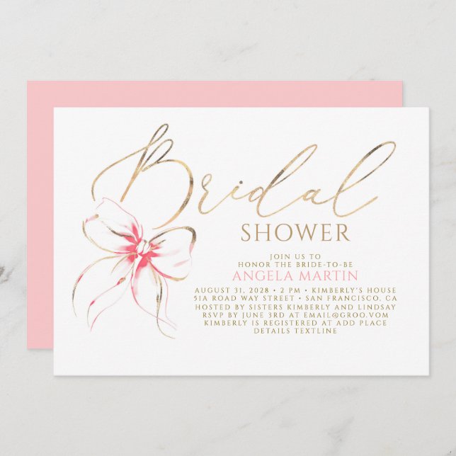 Convites Soft Pink Bow Elegant Romantic Bridal Shower (Frente/Verso)