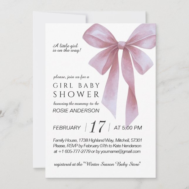Convites Soft Pink Bow Girl Baby Shower (Frente)