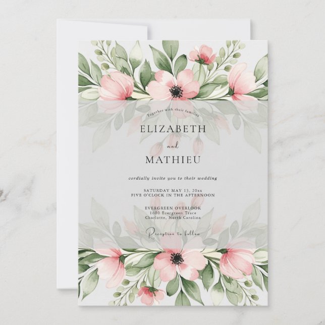 Convites Soft Pink Charming Watercolor Wedding (Frente)