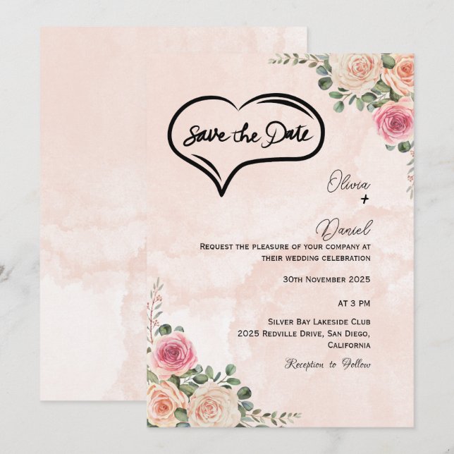 Convites Soft Pink Cream Floral Wedding Save the Date  (Frente/Verso)