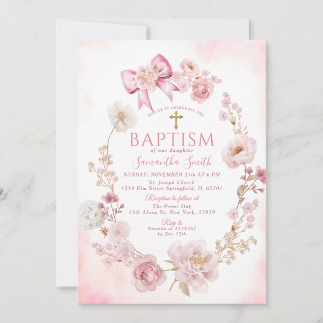 Convites Soft Pink Dusty Rose Floral Cross Girl Baptism (Frente)