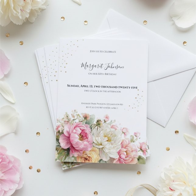 Convites Soft Pink Floral 60th Birthday (Soft pink and white floral 60th birthday invitation with gold accents and elegant typography)