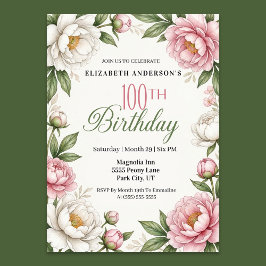 Convites Soft Pink Magnolia and Peony 100th Birthday 