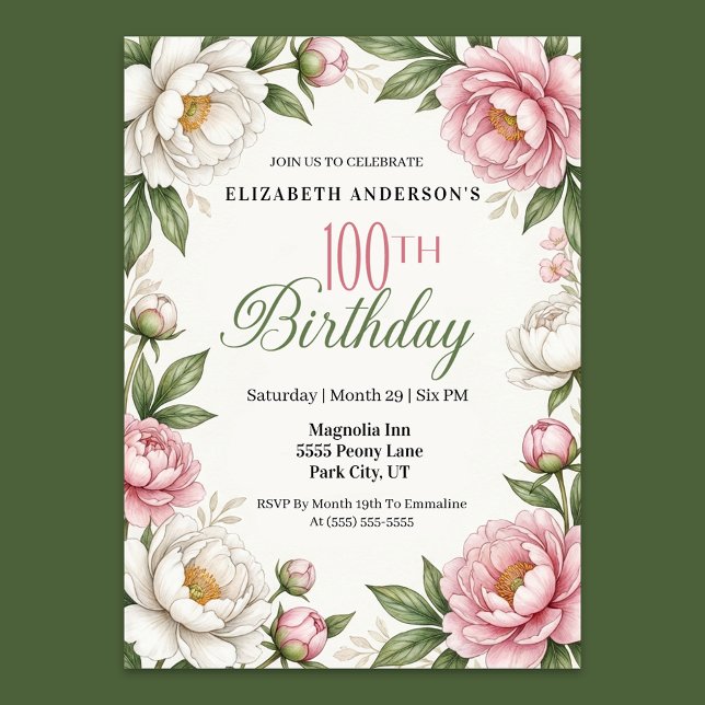 Convites Soft Pink Magnolia and Peony 100th Birthday  (Elegant 100th birthday invitation with soft pink and white watercolor peonies, green leaves)