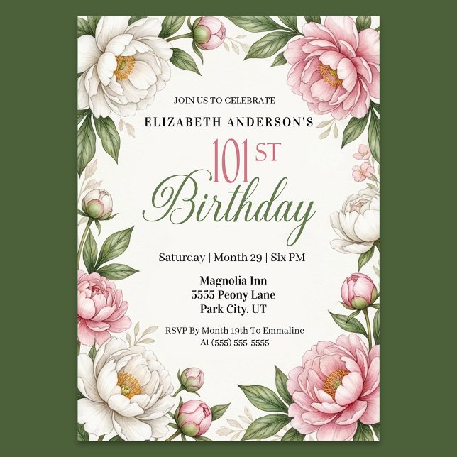 Convites Soft Pink Magnolia and Peony 101st Birthday  (Elegant 101st birthday invitation featuring soft pink peonies white magnolia flowers green leaves )