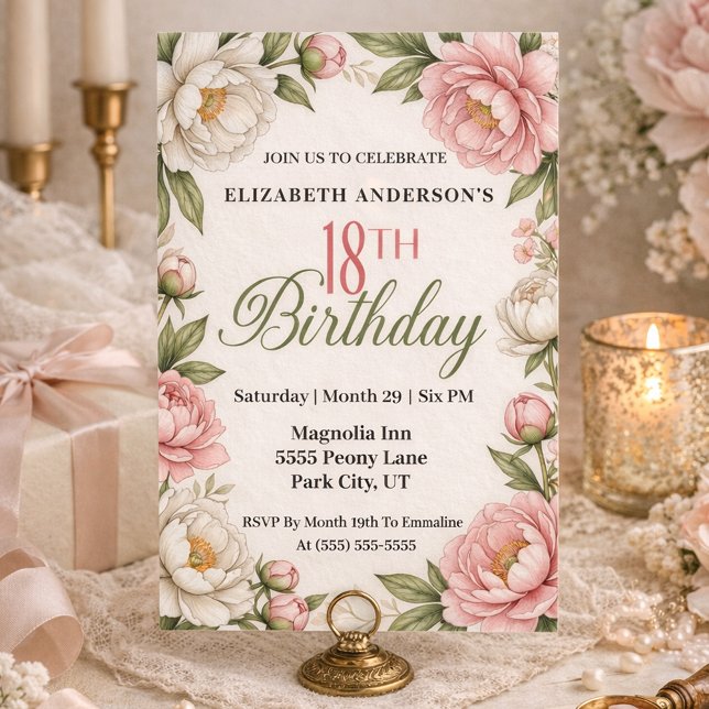 Convites Soft Pink Magnolia and Peony 18th Birthday  (Criador carregado)
