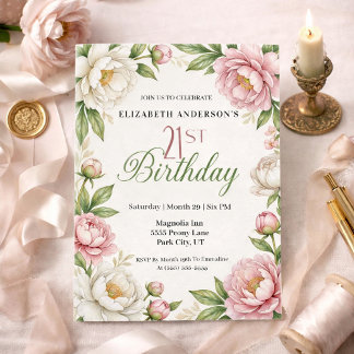Convites Soft Pink Magnolia and Peony 21st Birthday 