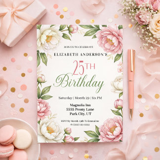 Convites Soft Pink Magnolia and Peony 25th Birthday 
