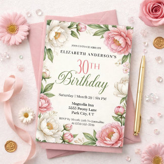 Convites Soft Pink Magnolia and Peony 30th Birthday 