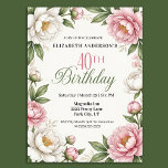 Convites Soft Pink Magnolia and Peony 40th Birthday<br><div class="desc">Celebrate a milestone birthday in elegant floral style with this beautiful 40th birthday invitation featuring soft pink peonies, creamy white blossoms, and delicate green botanical accents. The graceful floral artwork creates a timeless garden-inspired design that is perfect for hosting a sophisticated birthday celebration for family and friends. Designed for women...</div>