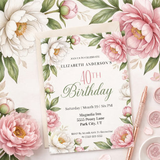 Convites Soft Pink Magnolia and Peony 40th Birthday 