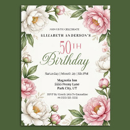 Convites Soft Pink Magnolia and Peony 50th Birthday 