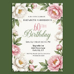 Convites Soft Pink Magnolia and Peony 60th Birthday<br><div class="desc">Celebrate a beautiful milestone with this elegant floral 60th birthday invitation featuring a timeless garden-inspired design. Delicate watercolor peonies and soft magnolia blossoms frame the layout with graceful greenery, creating a refined and feminine look that is perfect for a sophisticated birthday celebration. The soft pink and ivory floral palette paired...</div>