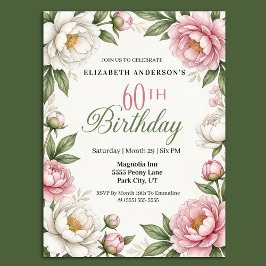 Convites Soft Pink Magnolia and Peony 60th Birthday 