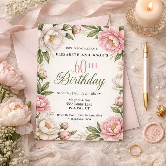 Convites Soft Pink Magnolia and Peony 60th Birthday 