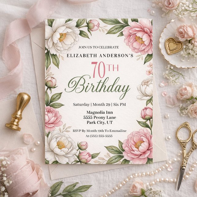 Convites Soft Pink Magnolia and Peony 70th Birthday  (Criador carregado)