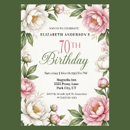 Convites Soft Pink Magnolia and Peony 70th Birthday 