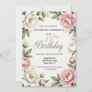 Convites Soft Pink Magnolia and Peony 75th Birthday 