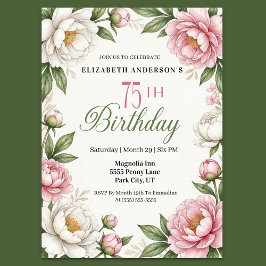 Convites Soft Pink Magnolia and Peony 75th Birthday 