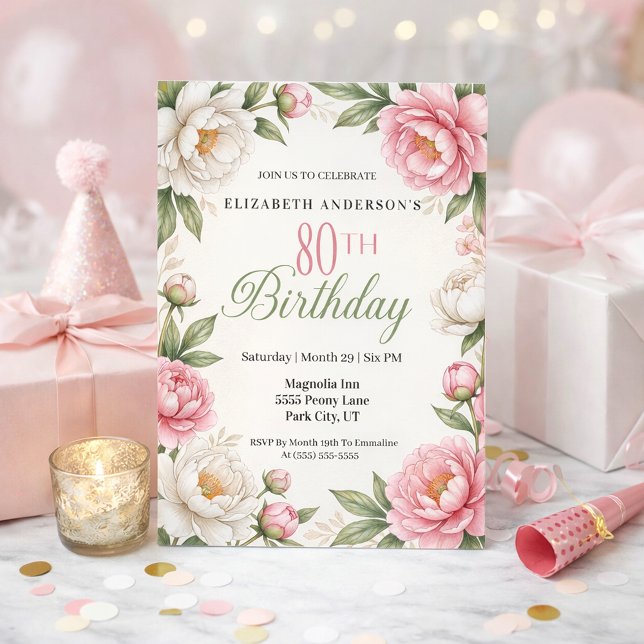 Convites Soft Pink Magnolia and Peony 80th Birthday  (Elegant floral 80th birthday invitation with soft pink peonies white magnolia flowers )