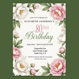 Convites Soft Pink Magnolia and Peony 80th Birthday 