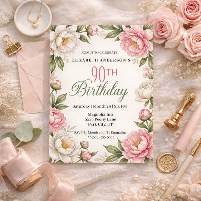 Convites Soft Pink Magnolia and Peony 90th Birthday  (Elegant pink peony and white magnolia floral 90th birthday invitation with soft botanical greenery )