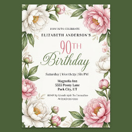 Convites Soft Pink Magnolia and Peony 90th Birthday 
