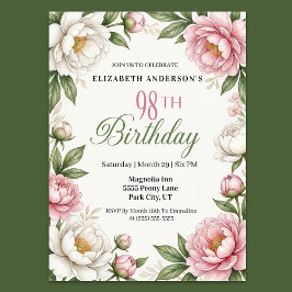 Convites Soft Pink Magnolia and Peony 98th Birthday 