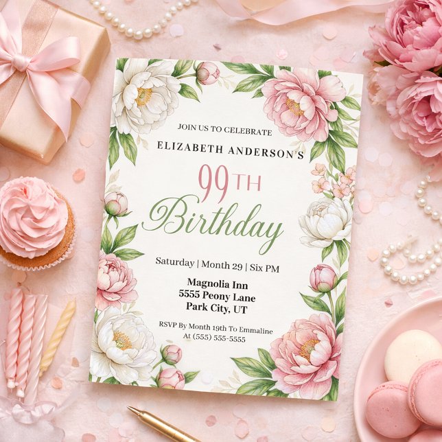 Convites Soft Pink Magnolia and Peony 99th Birthday  (Elegant pink peony and white magnolia floral 99th birthday invitation with botanical greenery )